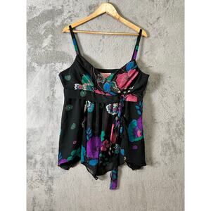 Vintage Y2k Floral Sheer Babydoll Tank Black Tie Front Flowy Boho Beaded Size 16
